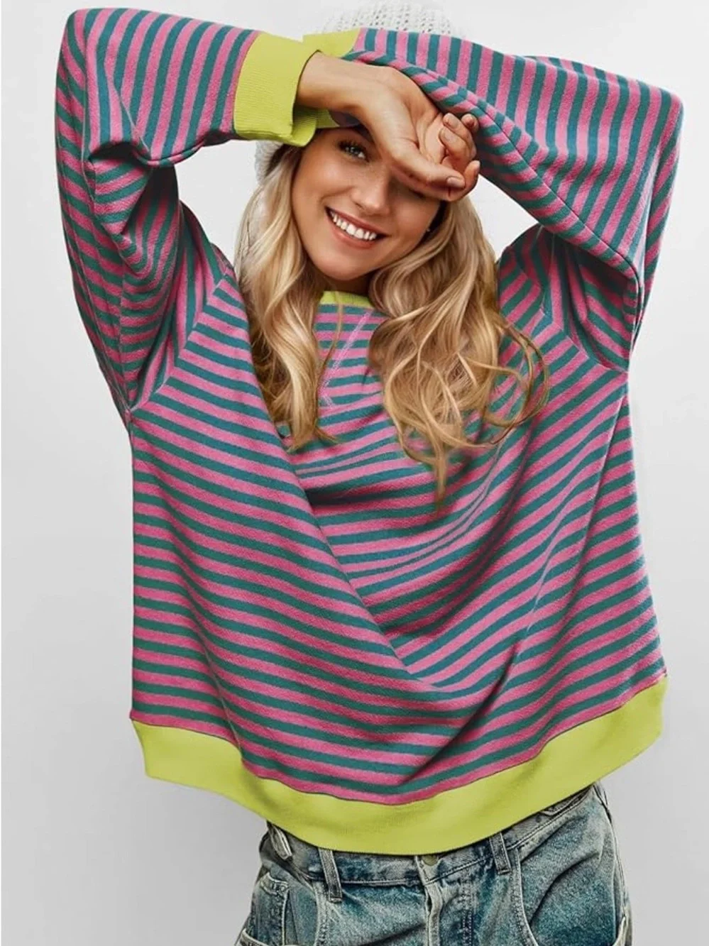 UEU Oversized Striped Crewneck Long Sleeve Color Block Pullover
Sweatshirt - Picture 4 of 11